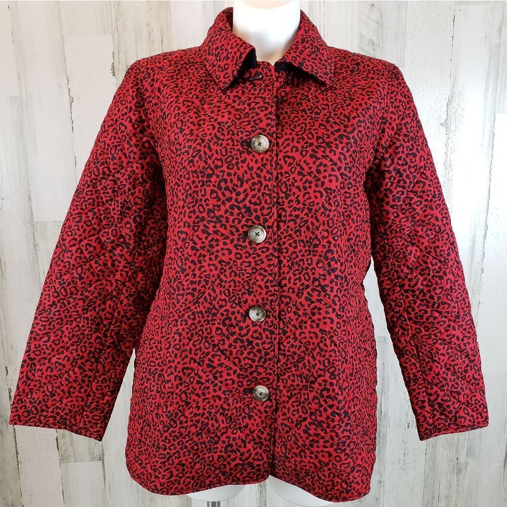 Chico's Red and Black Quilted Leopard Utility Jacket